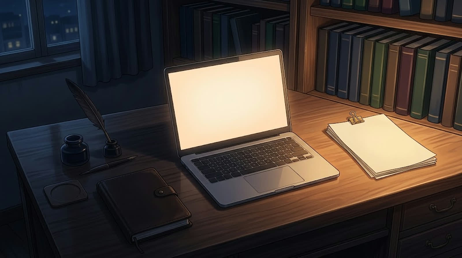 机上のノートPCと無地の書類の束