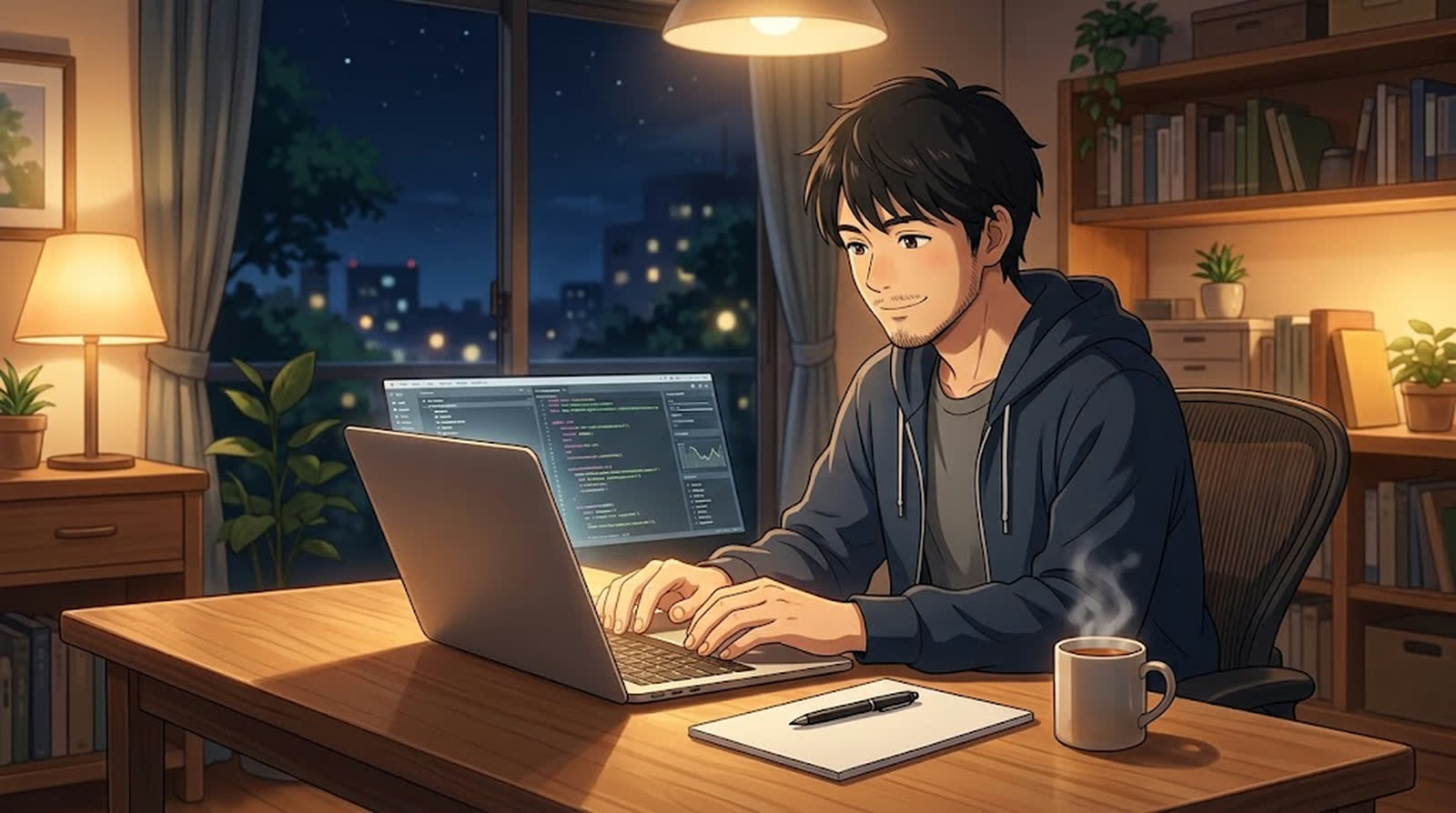 夜の作業部屋でノートPCに向かう開発者