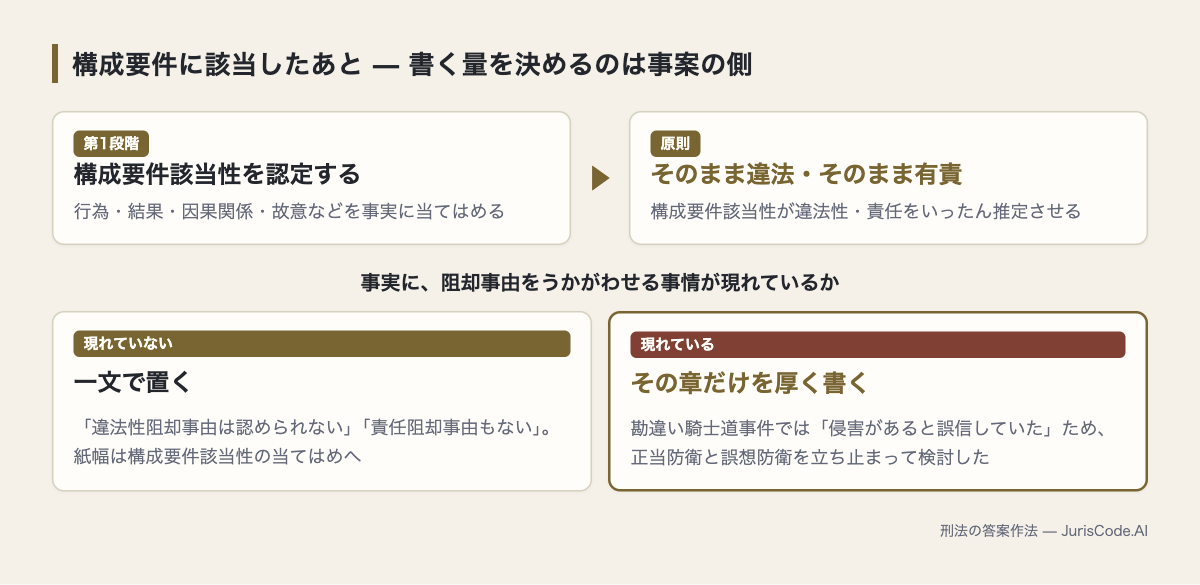 構成要件該当性から違法性・責任へ進む分岐図