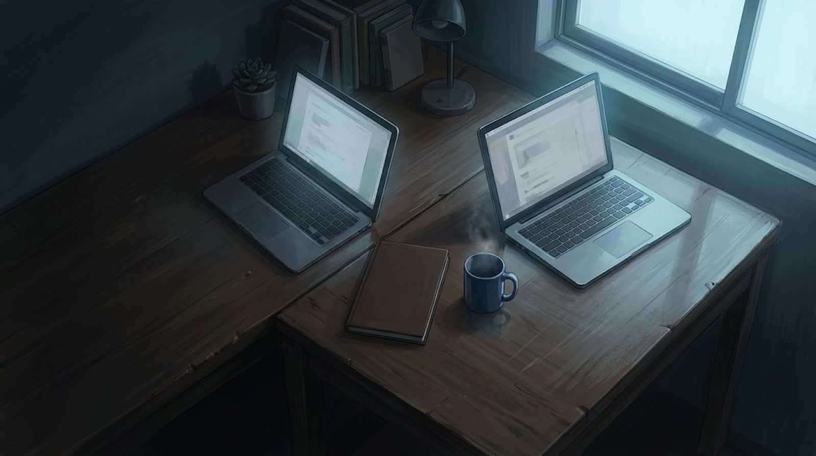 夜明けの机に並ぶ2台のノートPC