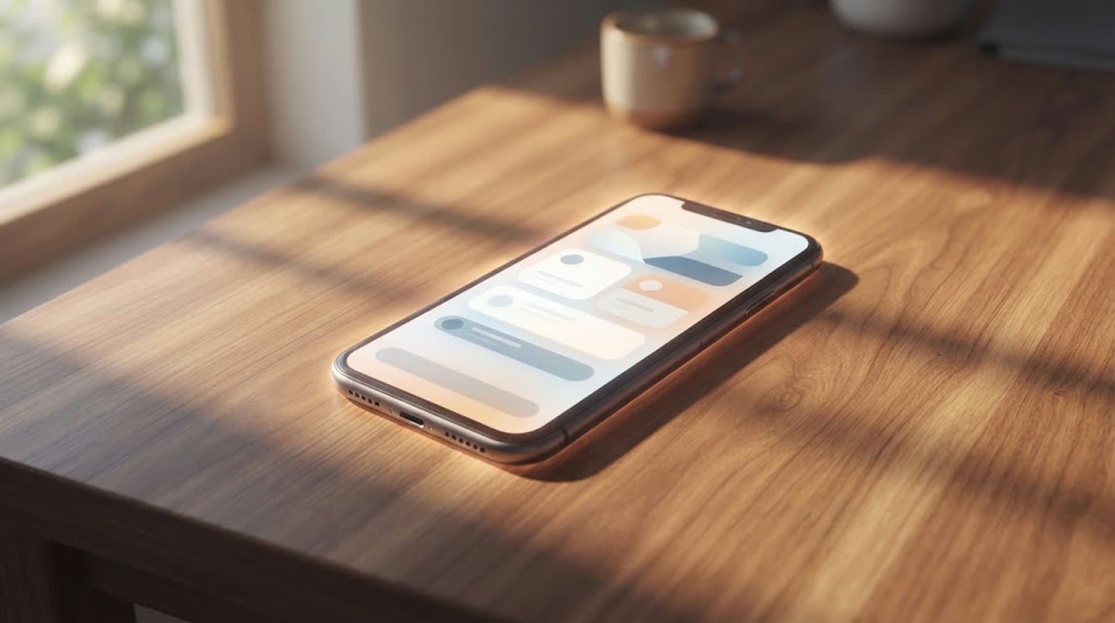 机の上で光るスマートフォン