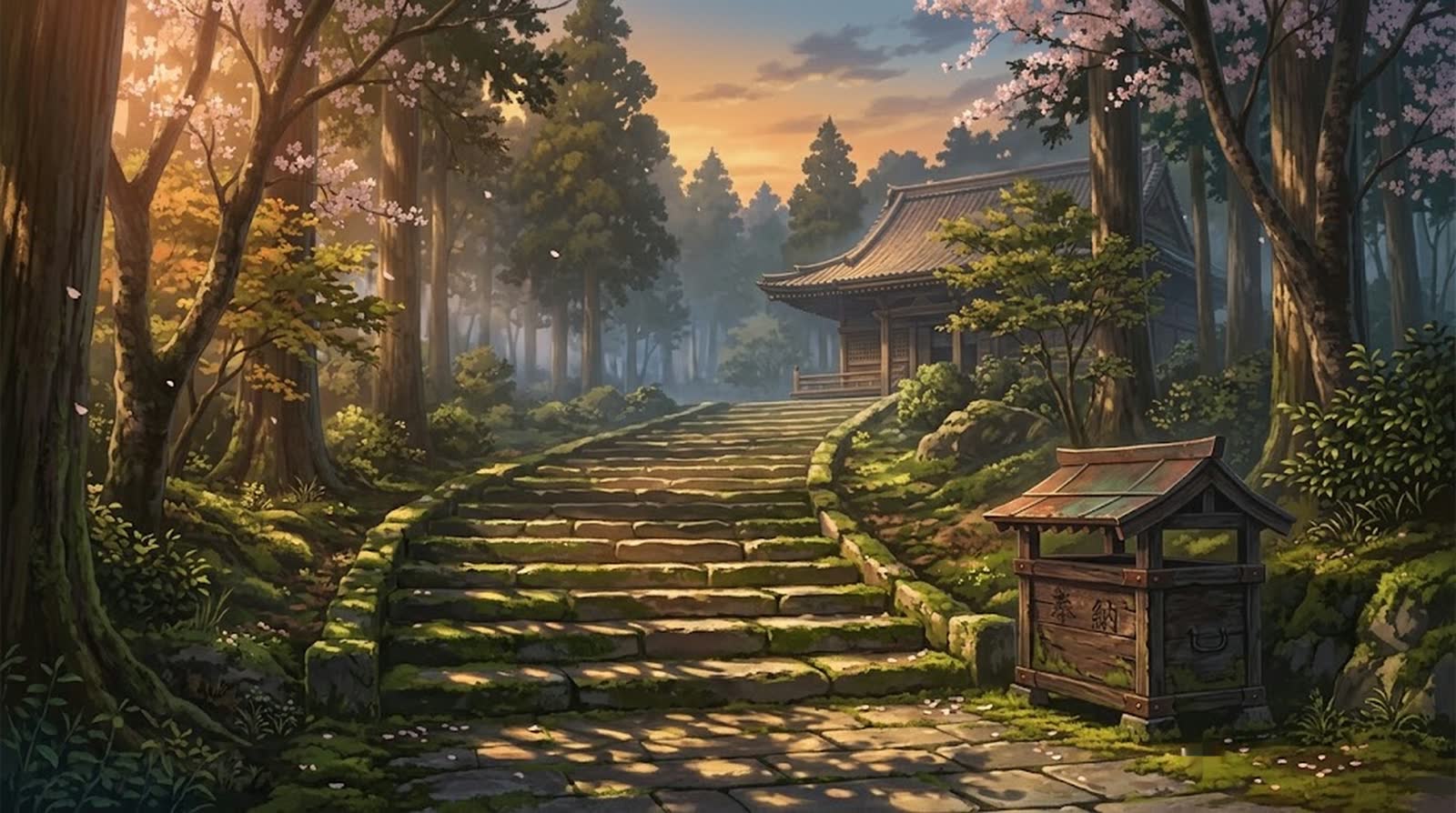 夕暮れの寺の境内と石段