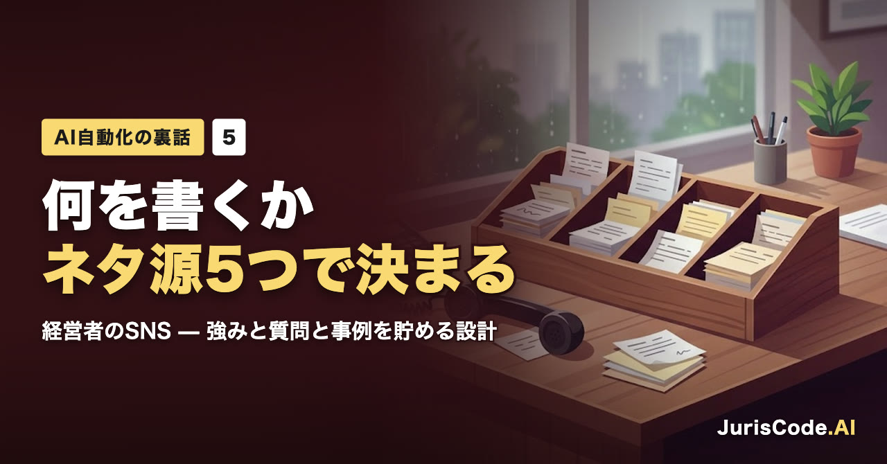 何を書くかネタ源5つで決まる — 経営者のSNS — 強みと質問と事例を貯める設計