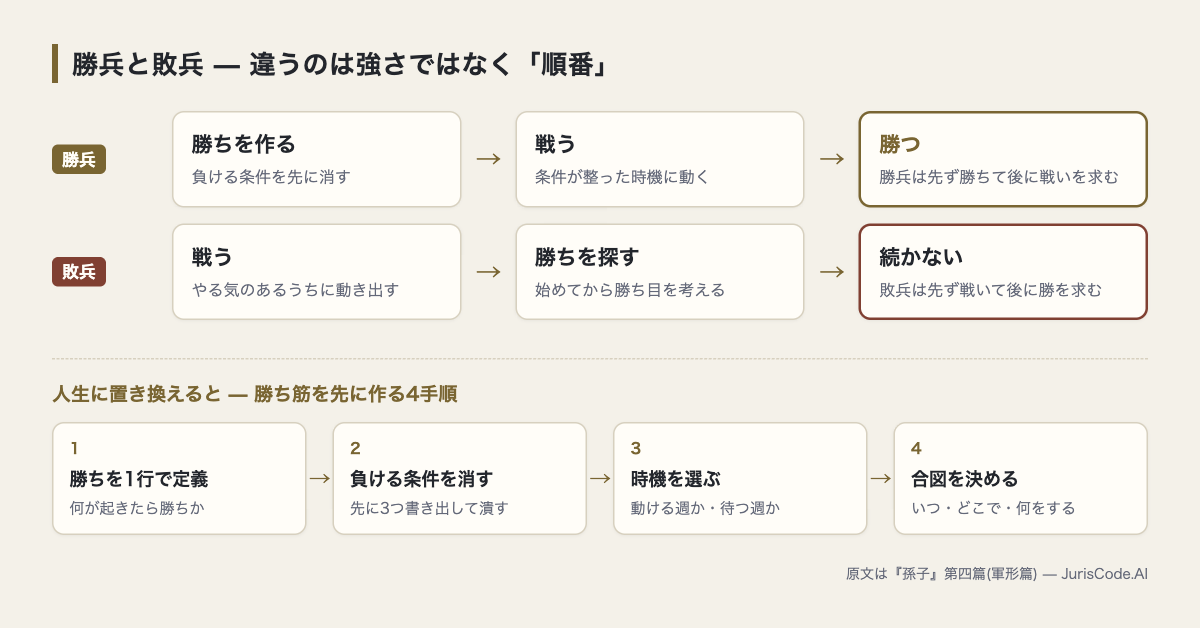勝兵は勝ちを作ってから戦い、敗兵は戦ってから勝ちを探す。人生版は4手順