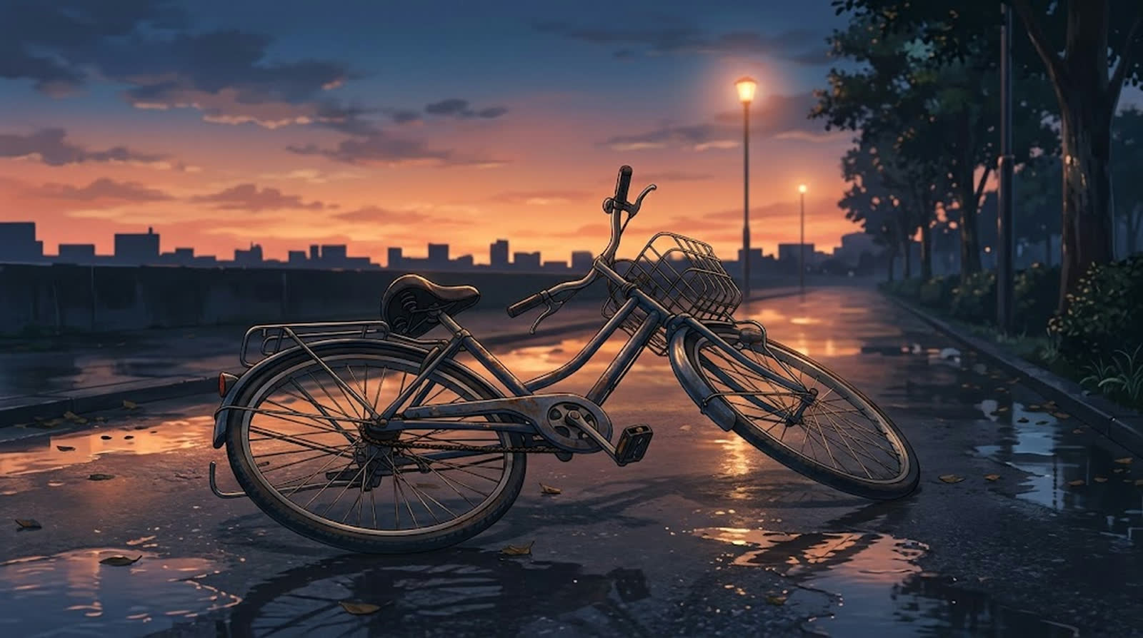 雨上がりの歩道に倒れたままの自転車