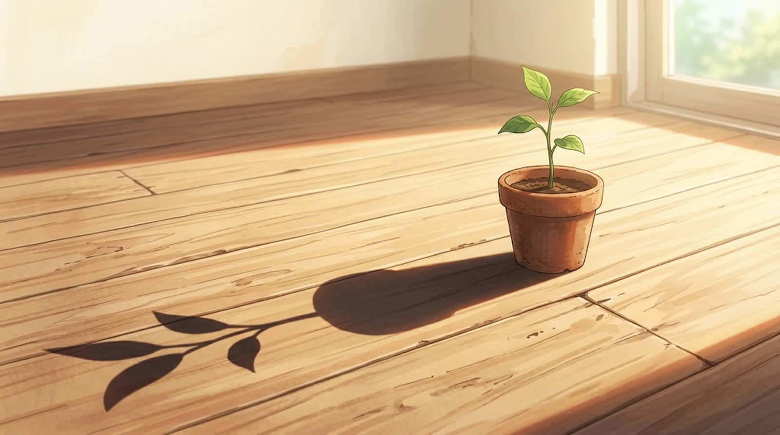 実体より長く伸びた鉢植えの影