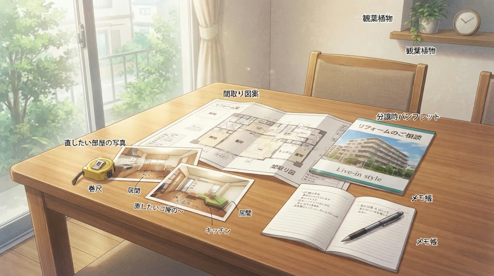 図面と写真を広げた打ち合わせ机