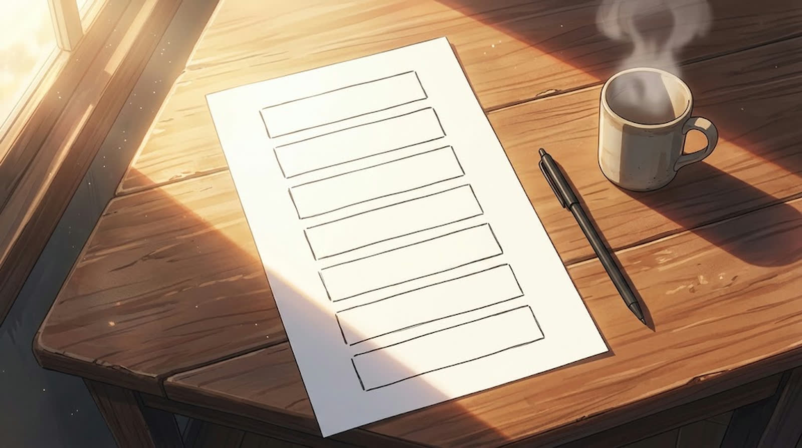 机の白紙に並ぶ構成の枠