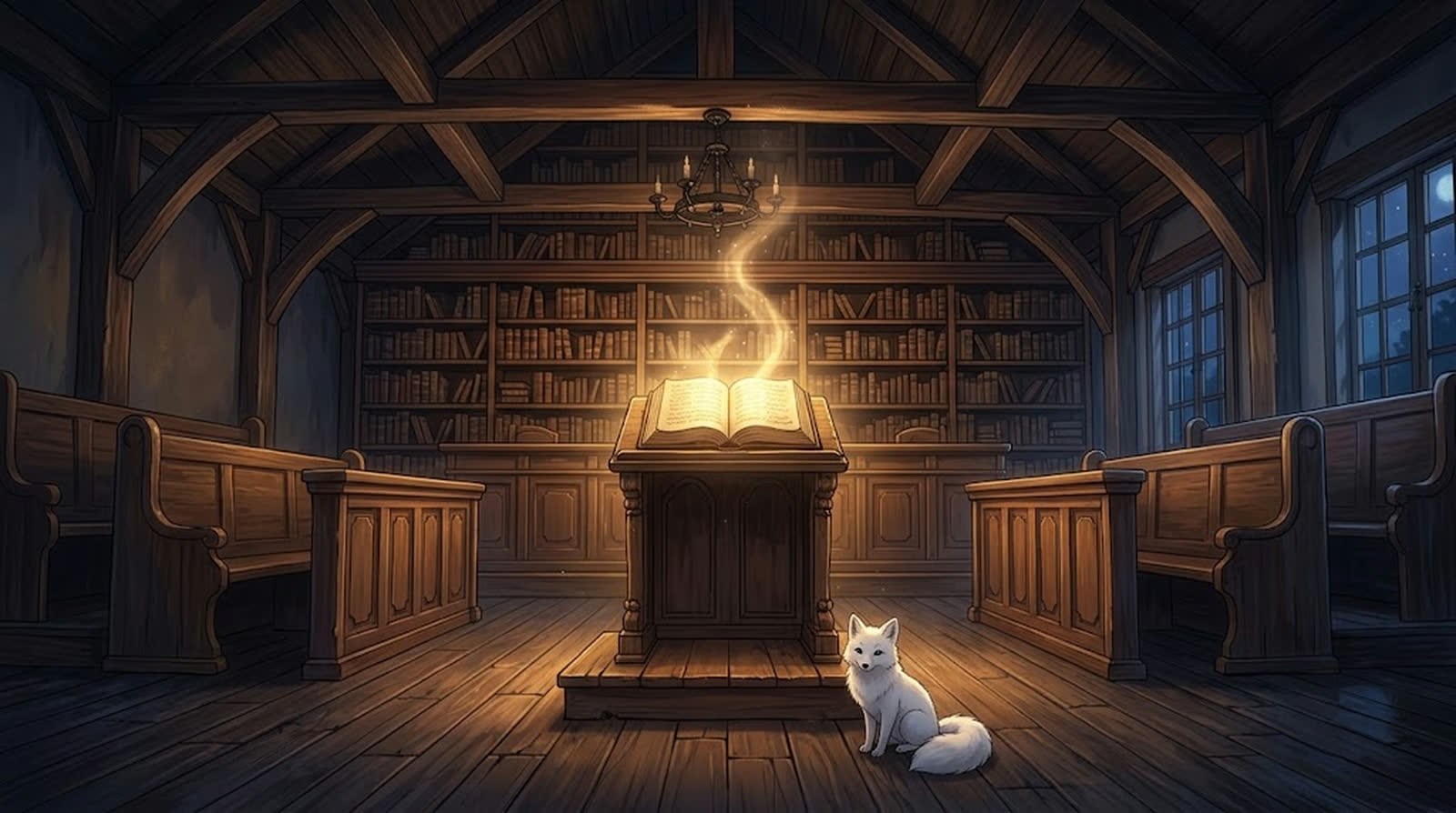 灯りのともる夜の法廷と書架