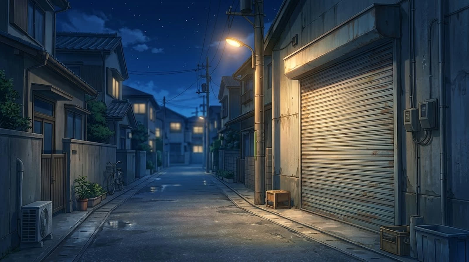 夜の路上と倉庫のシャッター