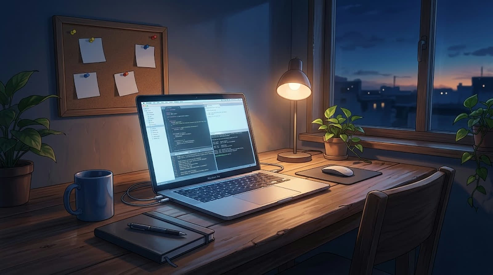 夜明け前の机とノートPC