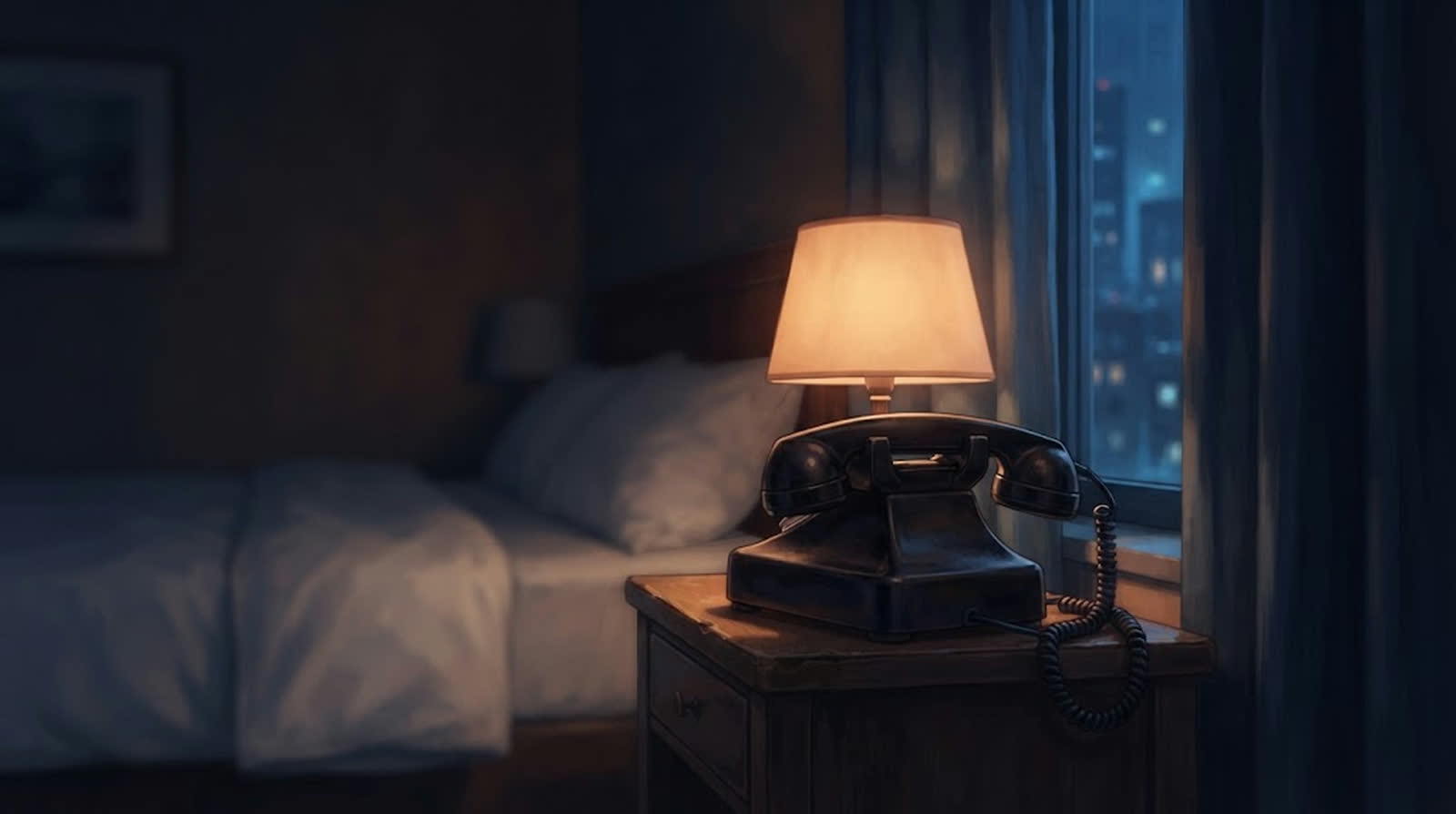 夜のホテルの一室と置かれたままの電話