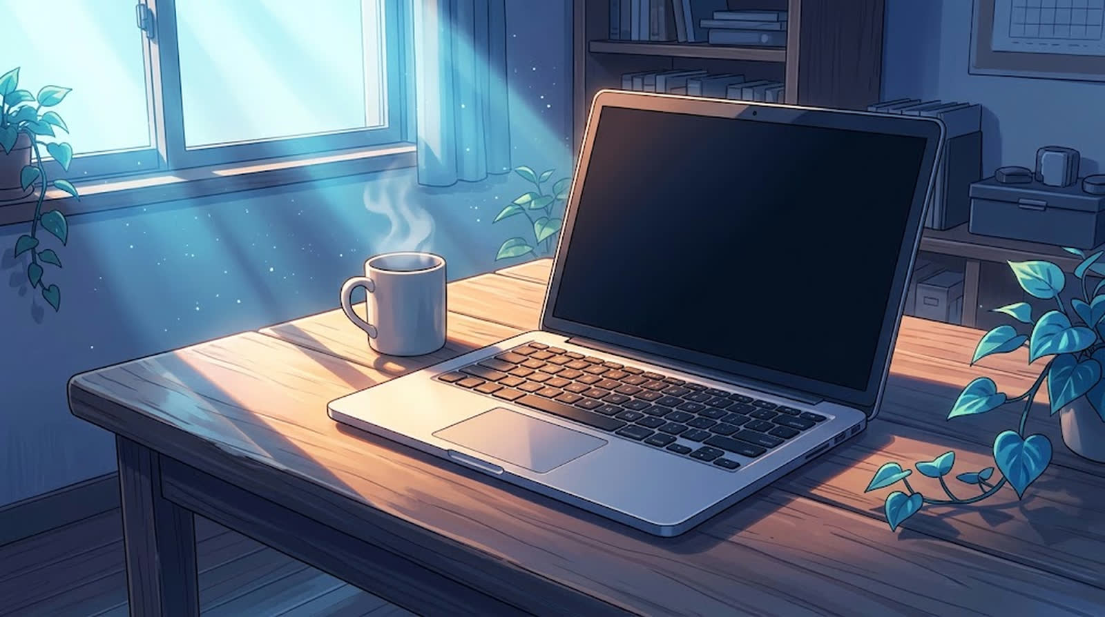 朝のデスクで画面が暗いノートPC