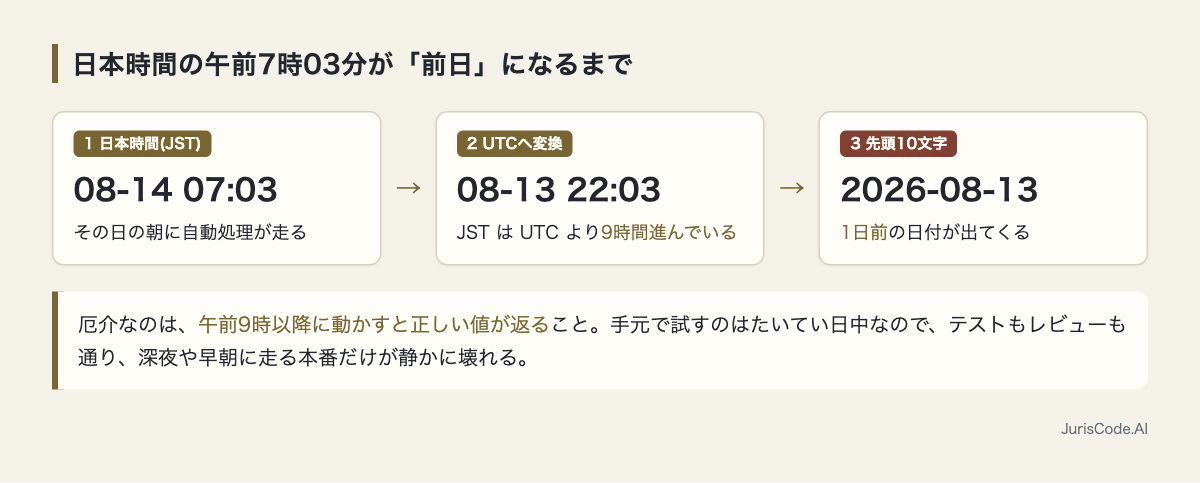 JSTをUTCに変換して先頭10文字を切り出すと1日前になる流れ