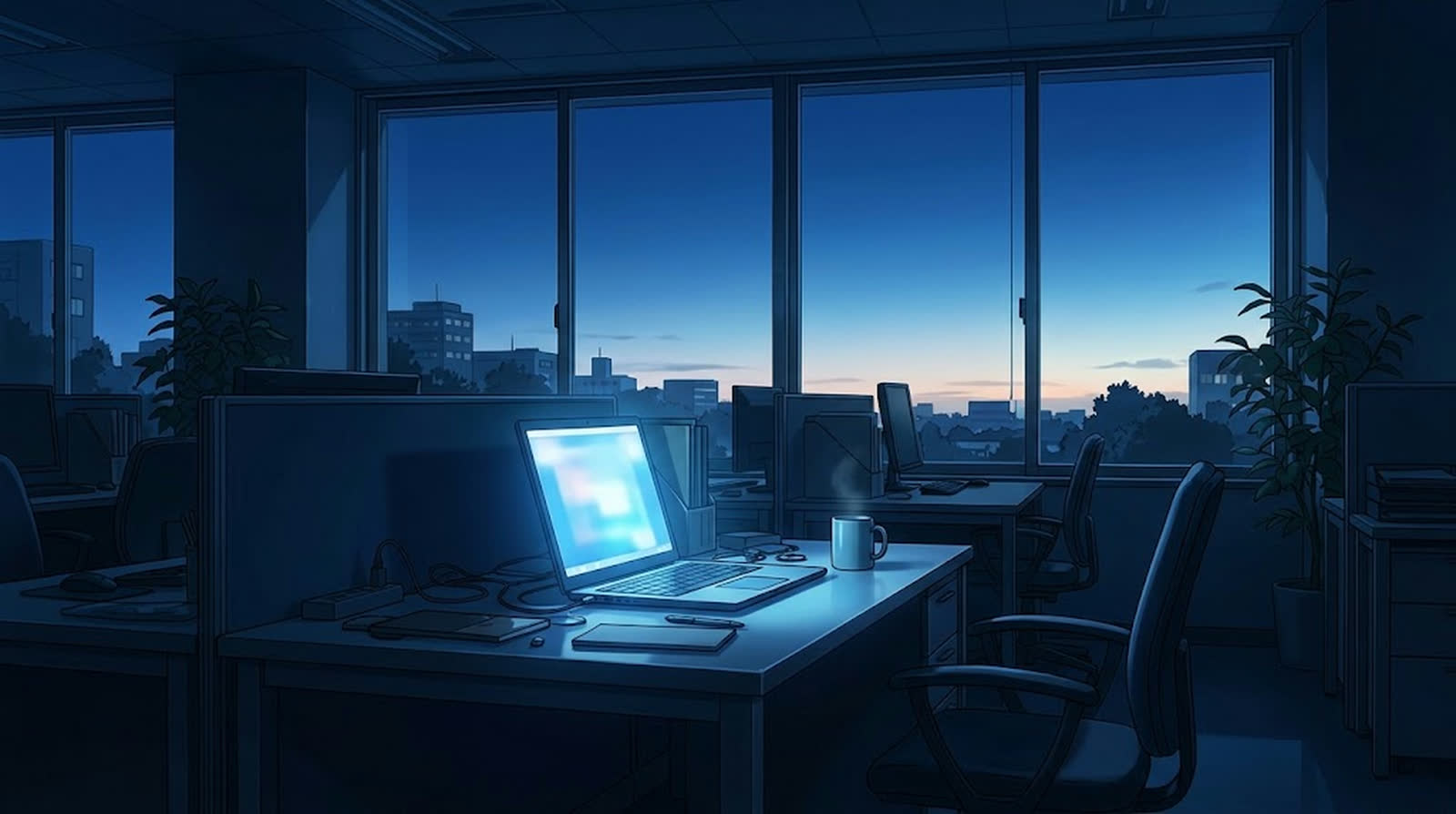 夜明け前のオフィスと光る画面