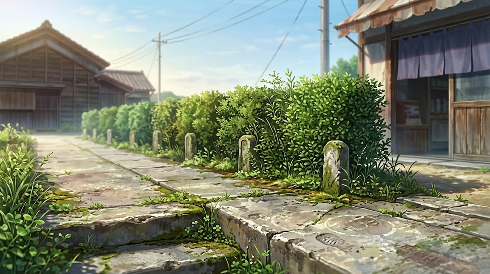 生垣の境界線をまたぐ舗装の帯